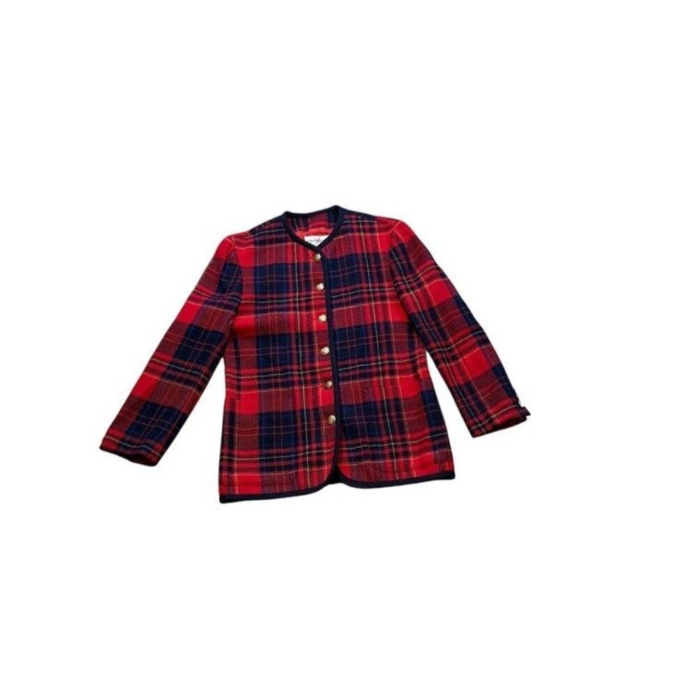 Liz Claiborne Plaid Blazer Gold Button Womens Size 6P Petite VTG Red Blue Check